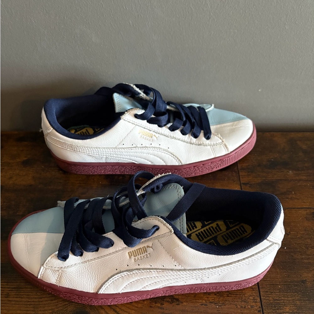 Puma Basket White and Navy Sneakers with Burgundy Soles